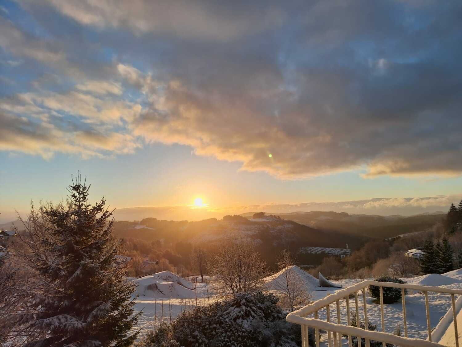 Un paysage enneigé illuminé par le lever du soleil, avec un arbre recouvert de neige et, au loin, une maison.