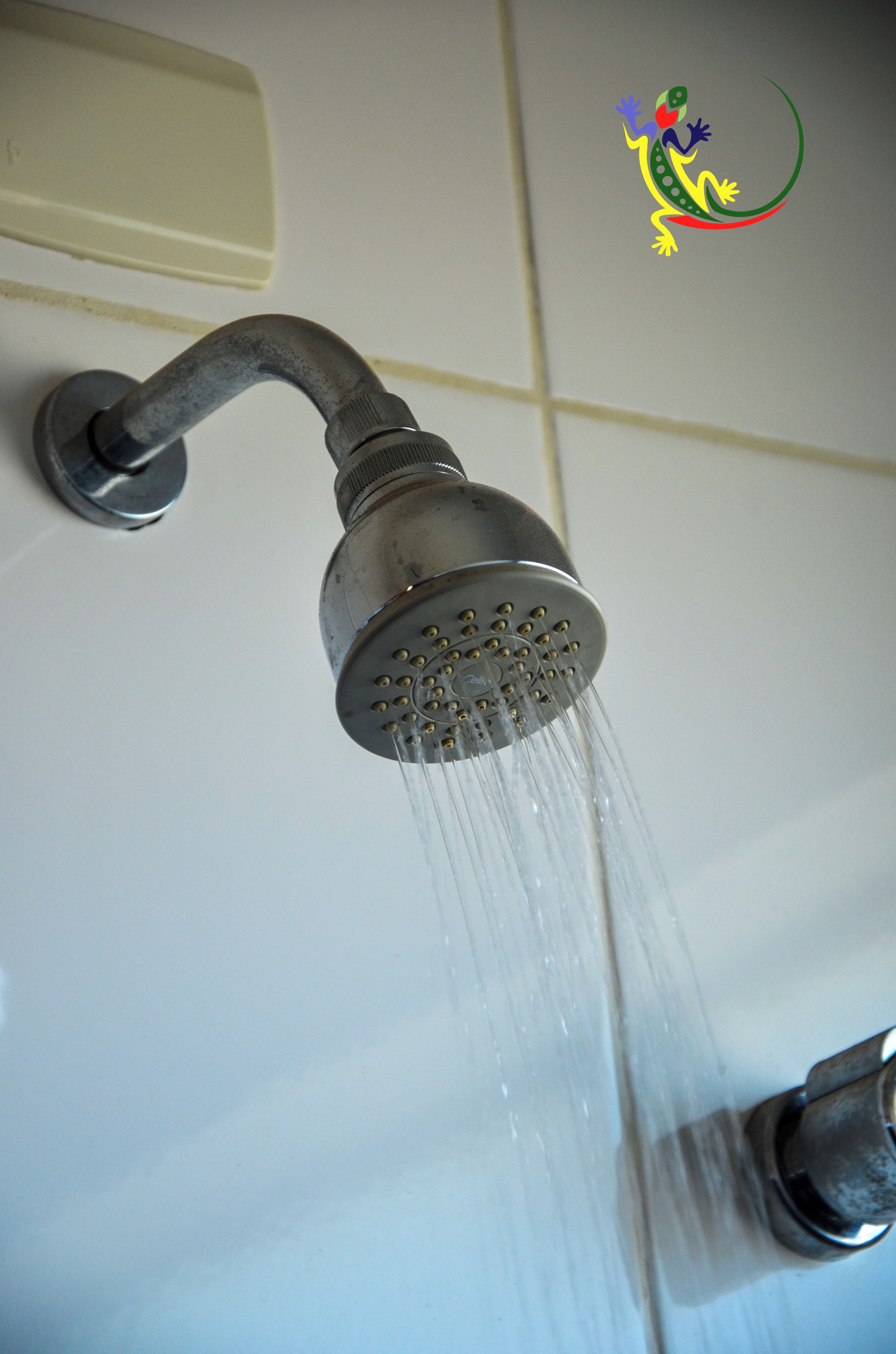 Un pommeau de douche dont l’eau jaillit.