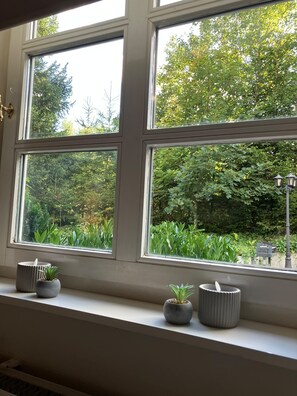 A window with multiple panes overlooking a garden with various plants and trees. - Haus Schneekappe - 190qm beste Lage mit Fernblick (Winterberg)