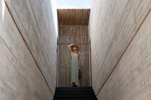 A person standing at the top of a staircase in a building with a wooden slatted wall.