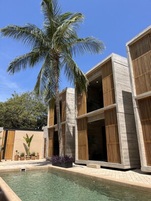 A modern building with a pool, large windows, and a palm tree.