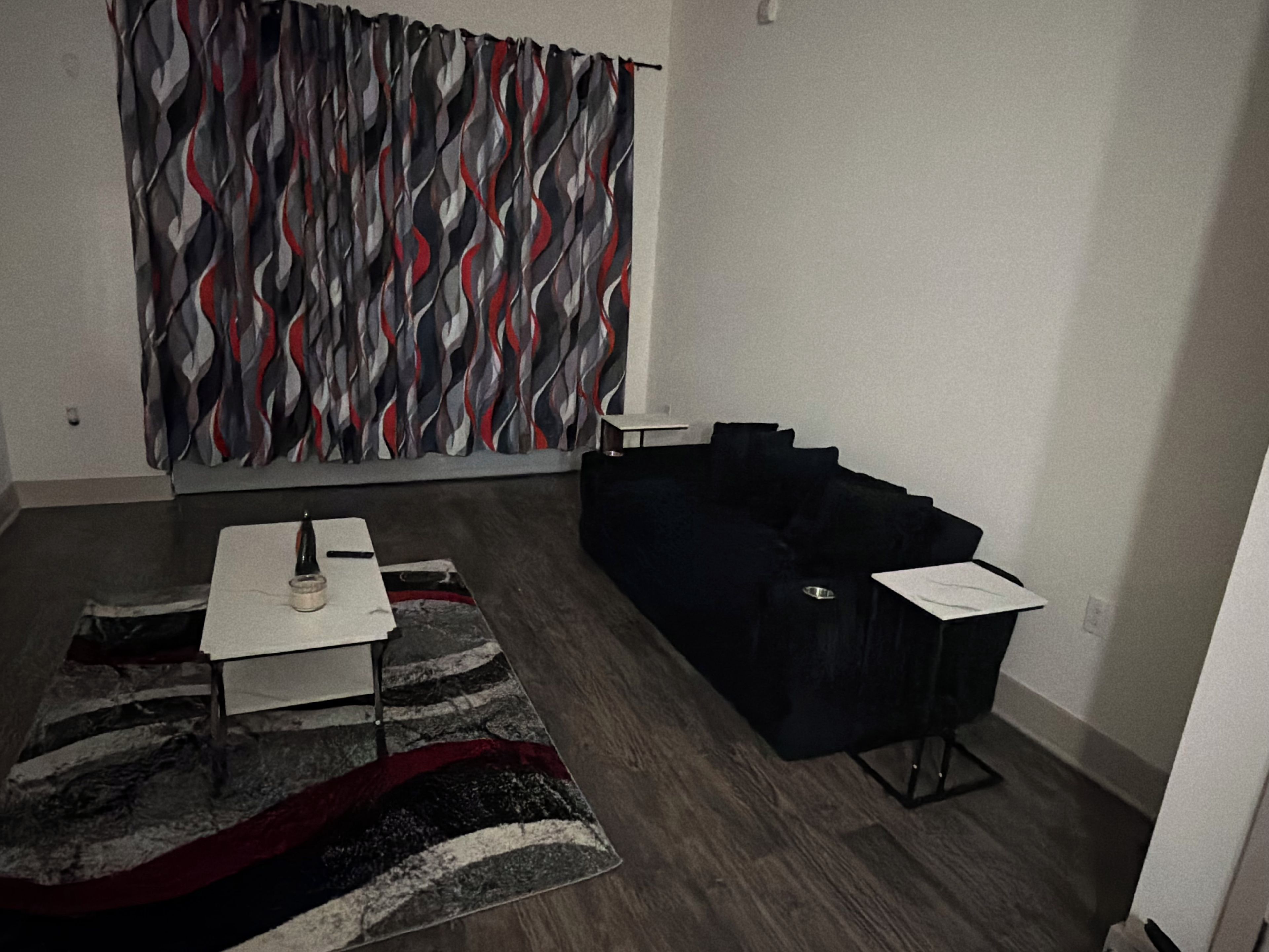 A living room with a dark-colored sofa, a white coffee table, and a patterned rug.