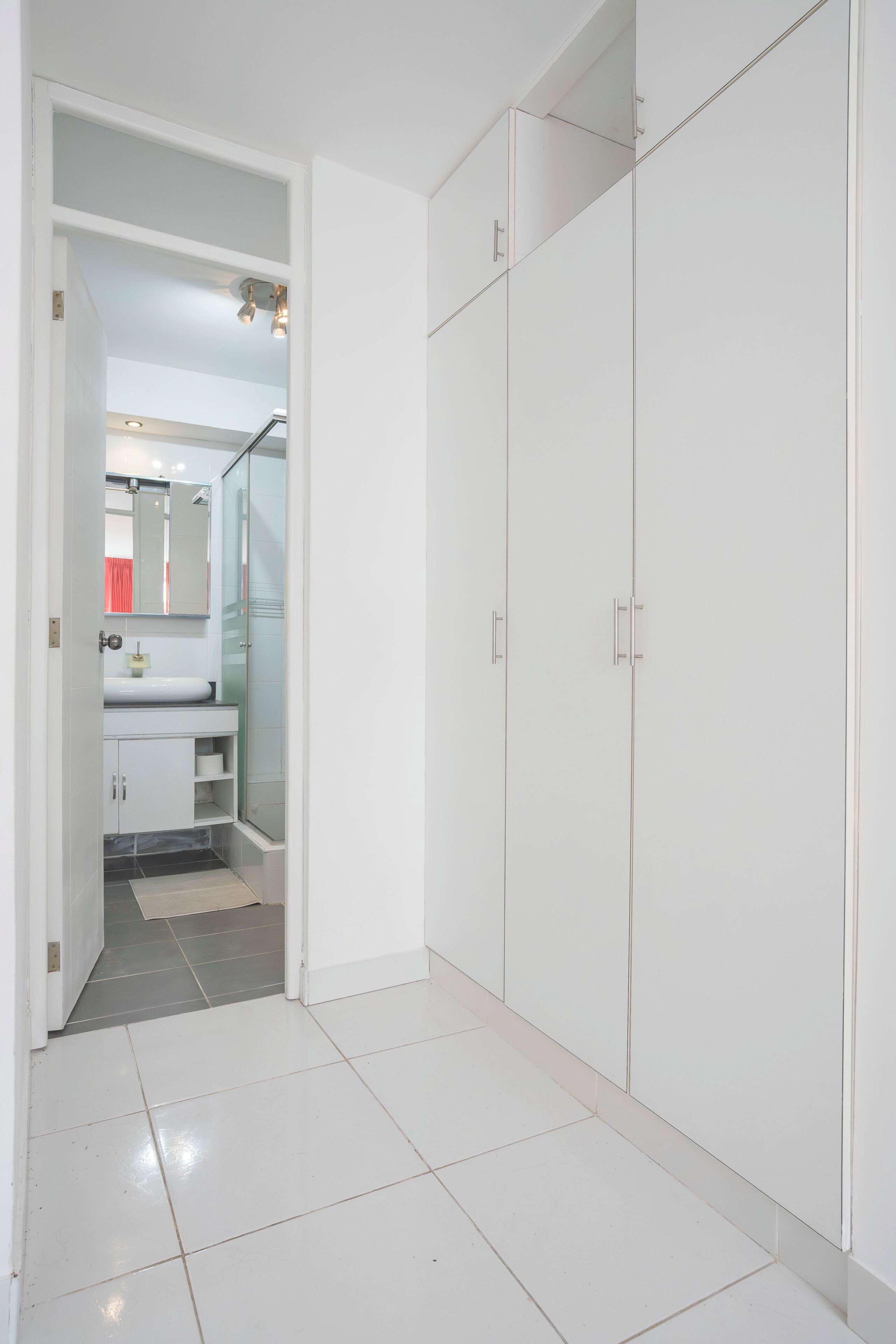 A modern bathroom with a glass shower enclosure, a white sink, and a mirror.