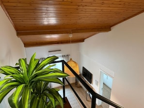 En trappe med træloft, en potteplante, en pendel og et fjernsyn på væggen.