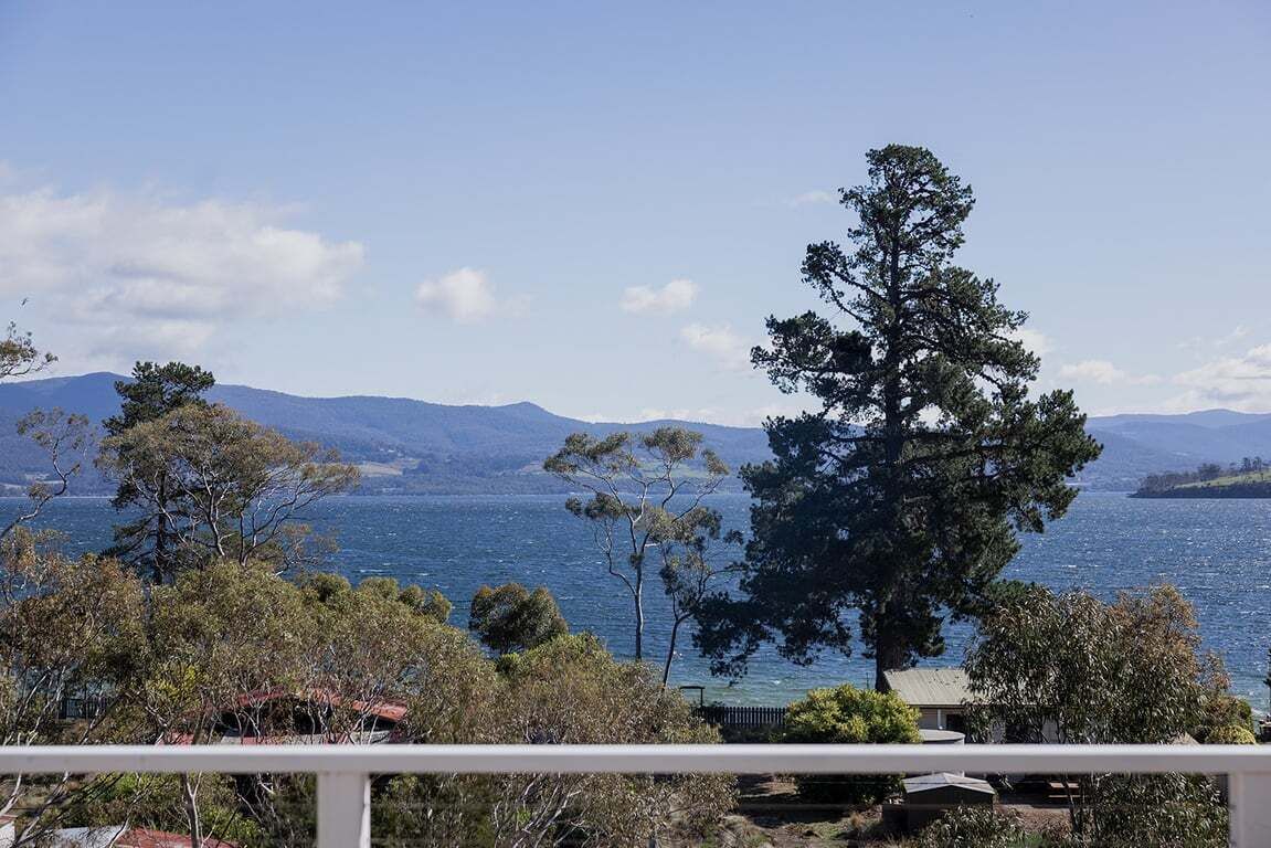 A coastal landscape with a prominent tree in the foreground, a body of water, and distant mountains.