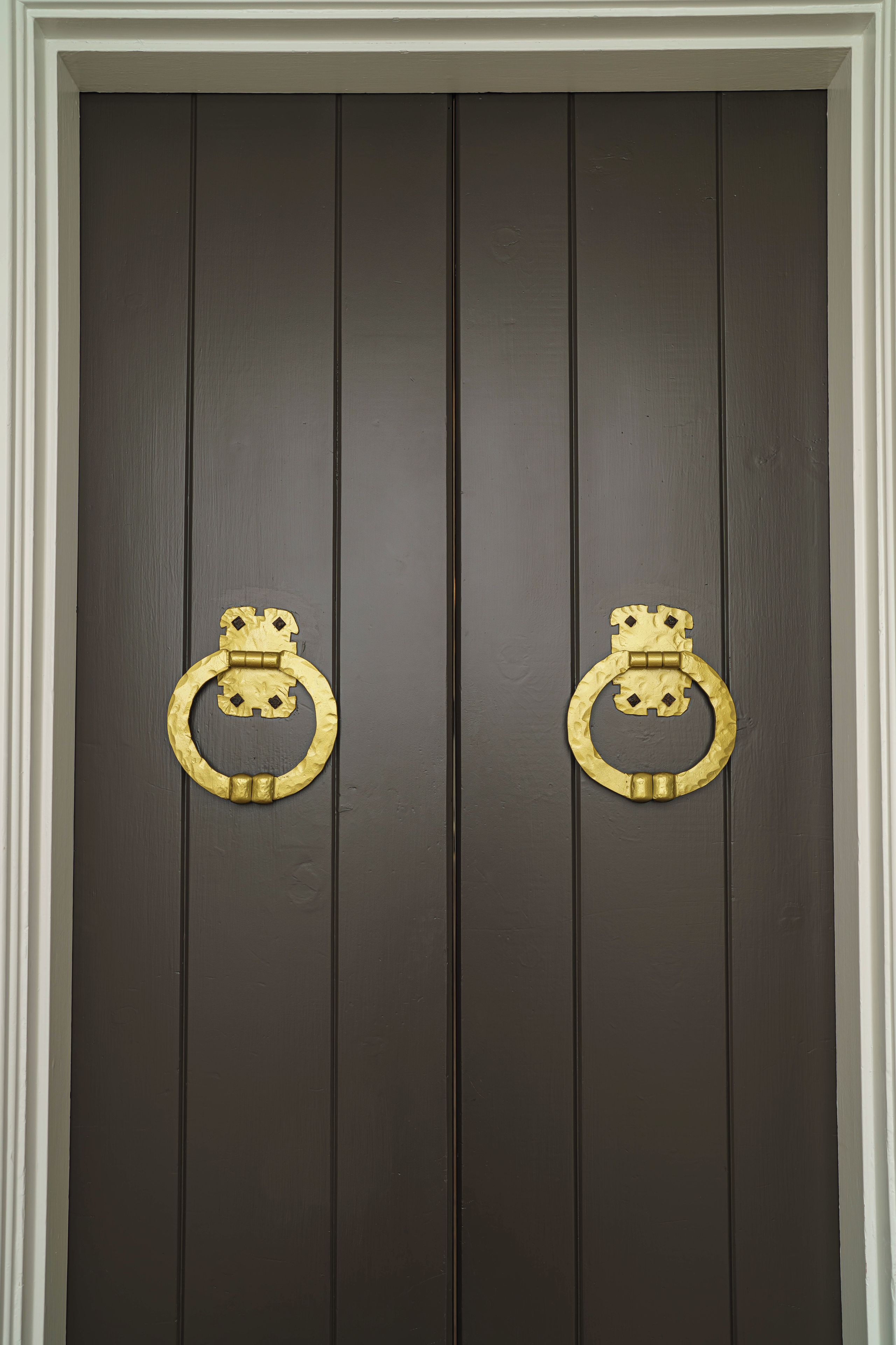 Une porte en bois sombre ornée de deux heurtoirs en laiton.