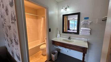Une salle de bain avec une baignoire, des toilettes, un lavabo et un miroir.