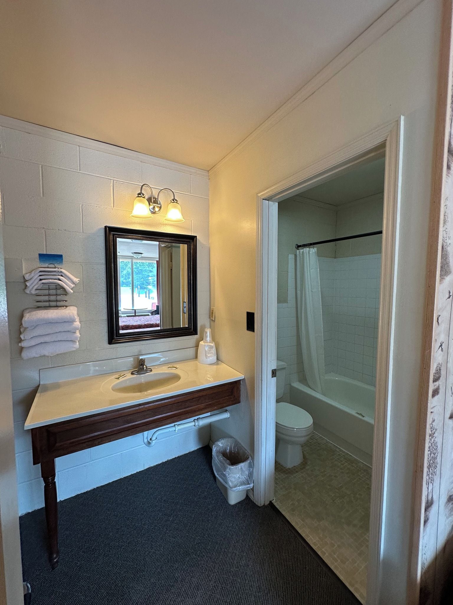 A bathroom with a sink, mirror, towel rack, and a shower area.