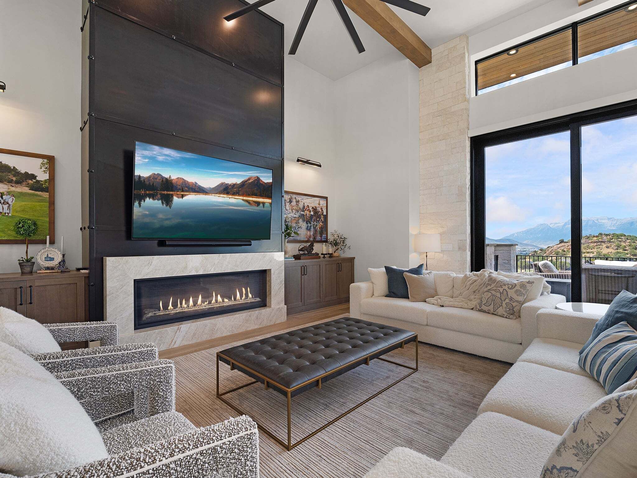 Smart TV, fireplace, foosball, books