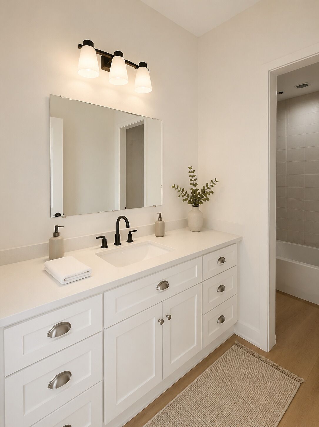 A bathroom with a white vanity, a mirror, a sink, a faucet, and a small plant.