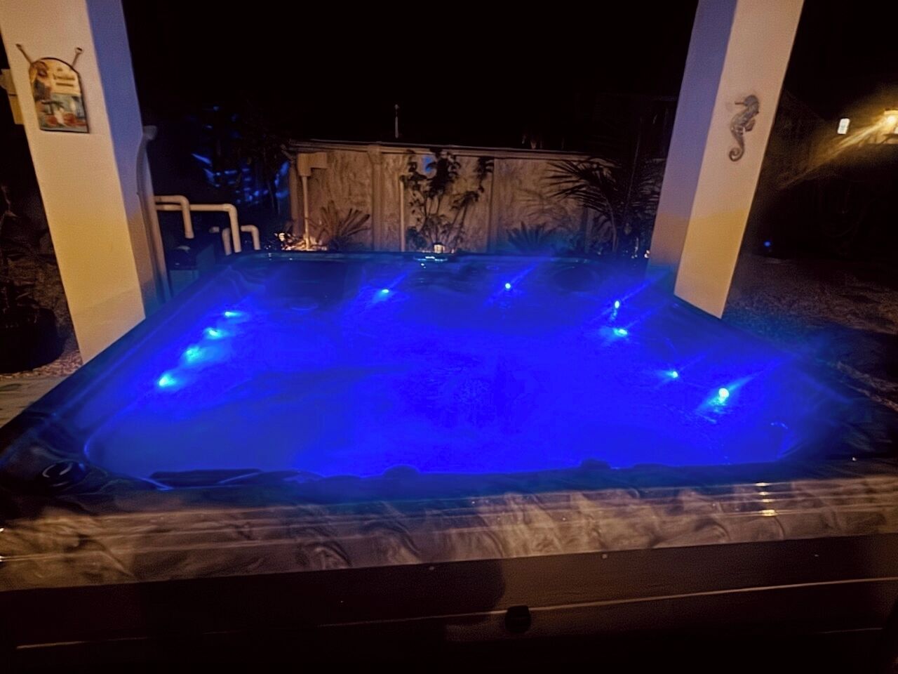 Ein Whirlpool mit blauer Beleuchtung, umgeben von einer Holzterrasse und Palmen.