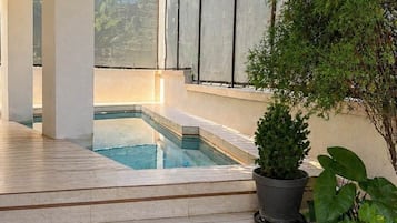 A modern outdoor pool area with a clear view of the pool, a potted plant, and a stone pathway leading to the pool.