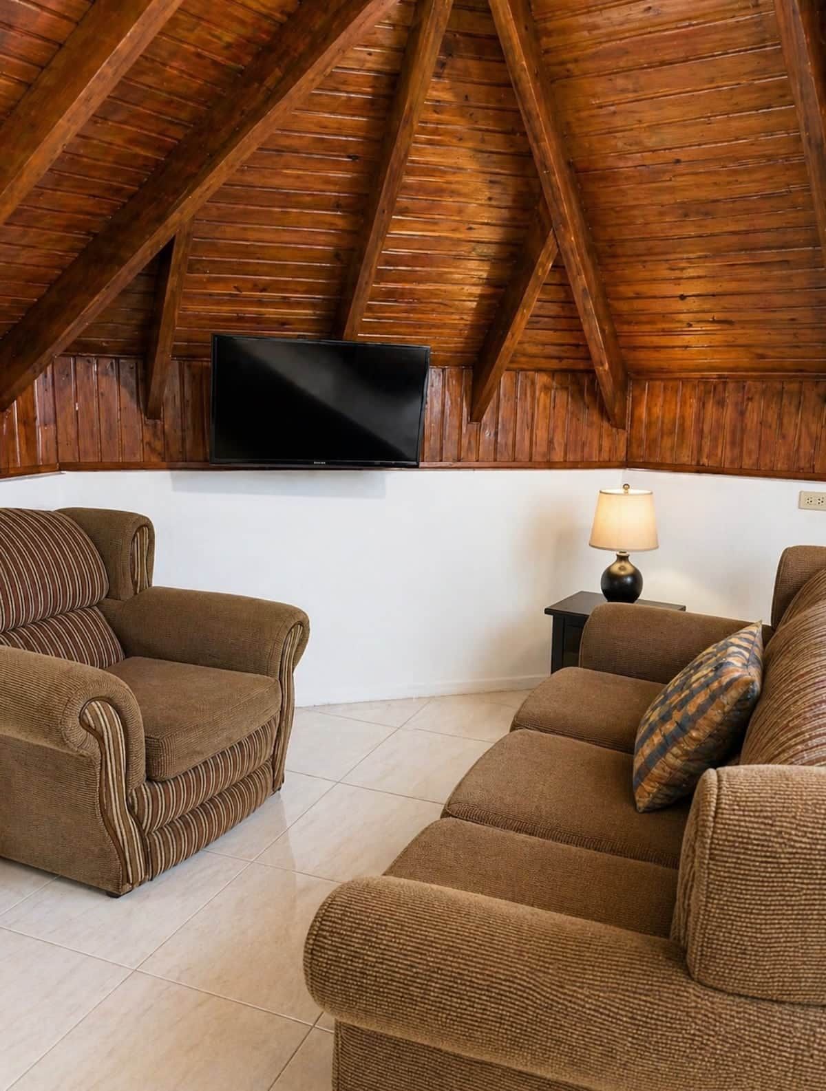 Un salon chaleureux avec un plafond en bois en forme de voûte, un téléviseur à écran plat fixé au mur et deux canapés ornés de coussins à motifs.
