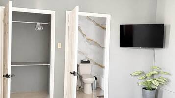A bedroom with a bed, a television, a ceiling fan, and a bathroom with a toilet and shower.