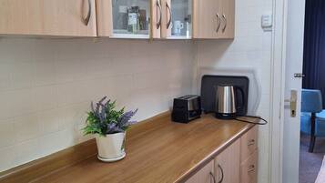 Une petite cuisine avec des meubles en bois, un plan de travail et une petite plante en pot.