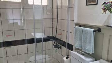 Un baño con ducha de vidrio, inodoro y lavamanos.