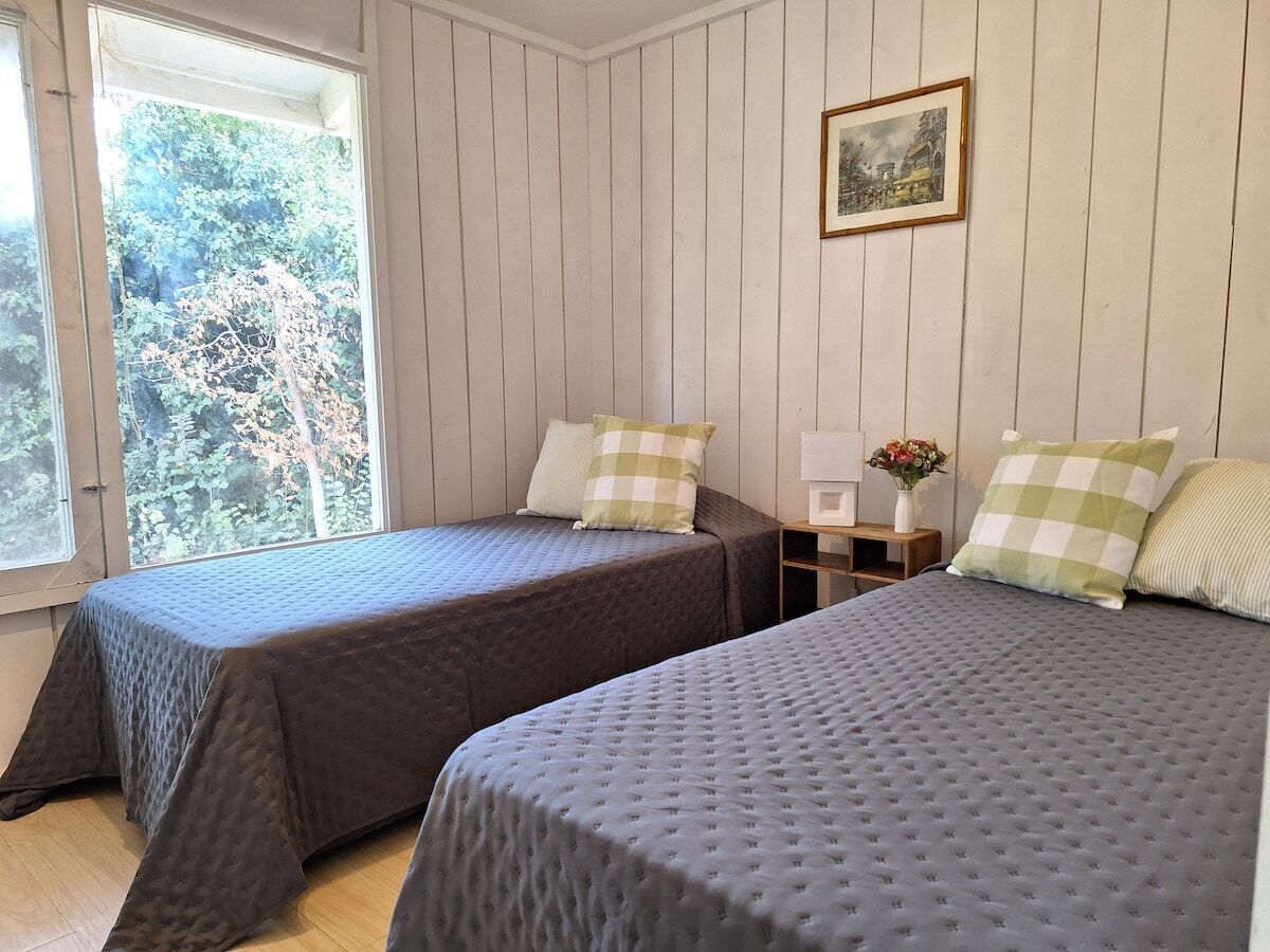 Une chambre avec deux lits, une fenêtre donnant sur des arbres, un tableau encadré au mur et une petite table sur laquelle est posé un vase de fleurs.