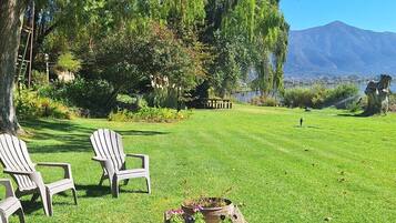 Un espace extérieur verdoyant, avec des fauteuils Adirondack, une table en bois agrémentée de plantes en pot et une montagne en arrière-plan.