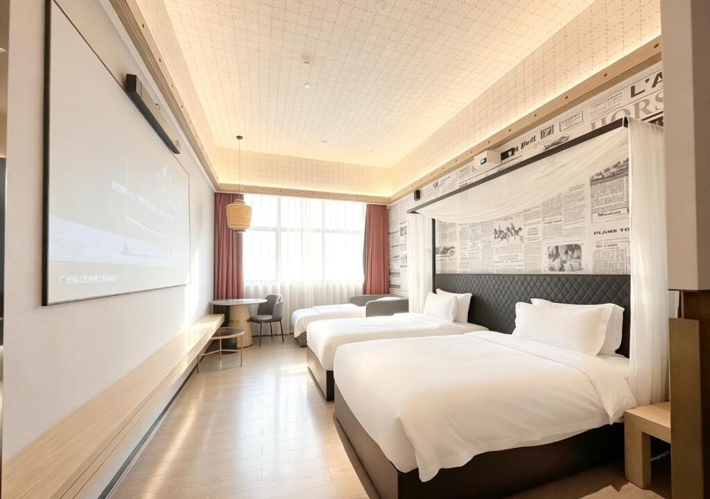 A hotel room with two beds, a desk, a chair, a TV screen, and a large window with curtains.
