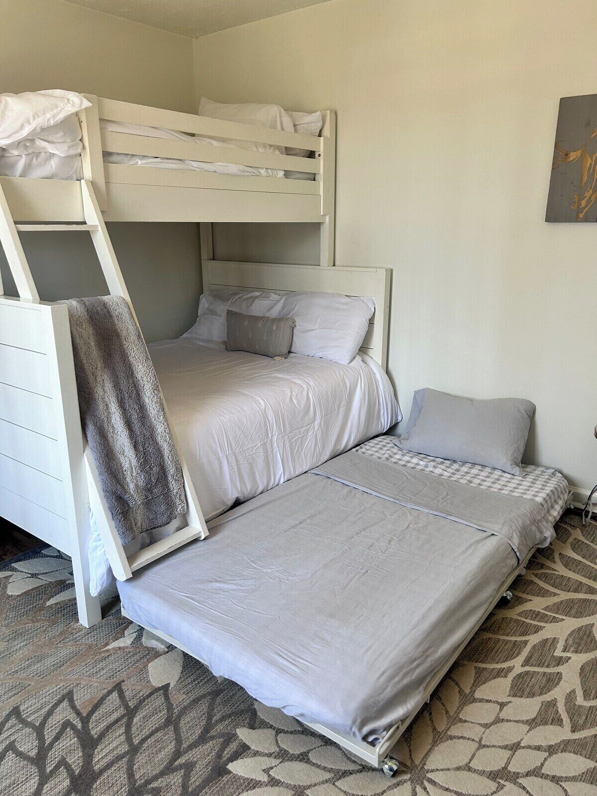 A bunk bed with a ladder, a single bed, and a patterned rug.