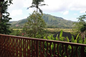 Une vue depuis un balcon doté d’une balustrade en bois, donnant sur un paysage verdoyant et luxuriant, avec une colline à l’horizon.