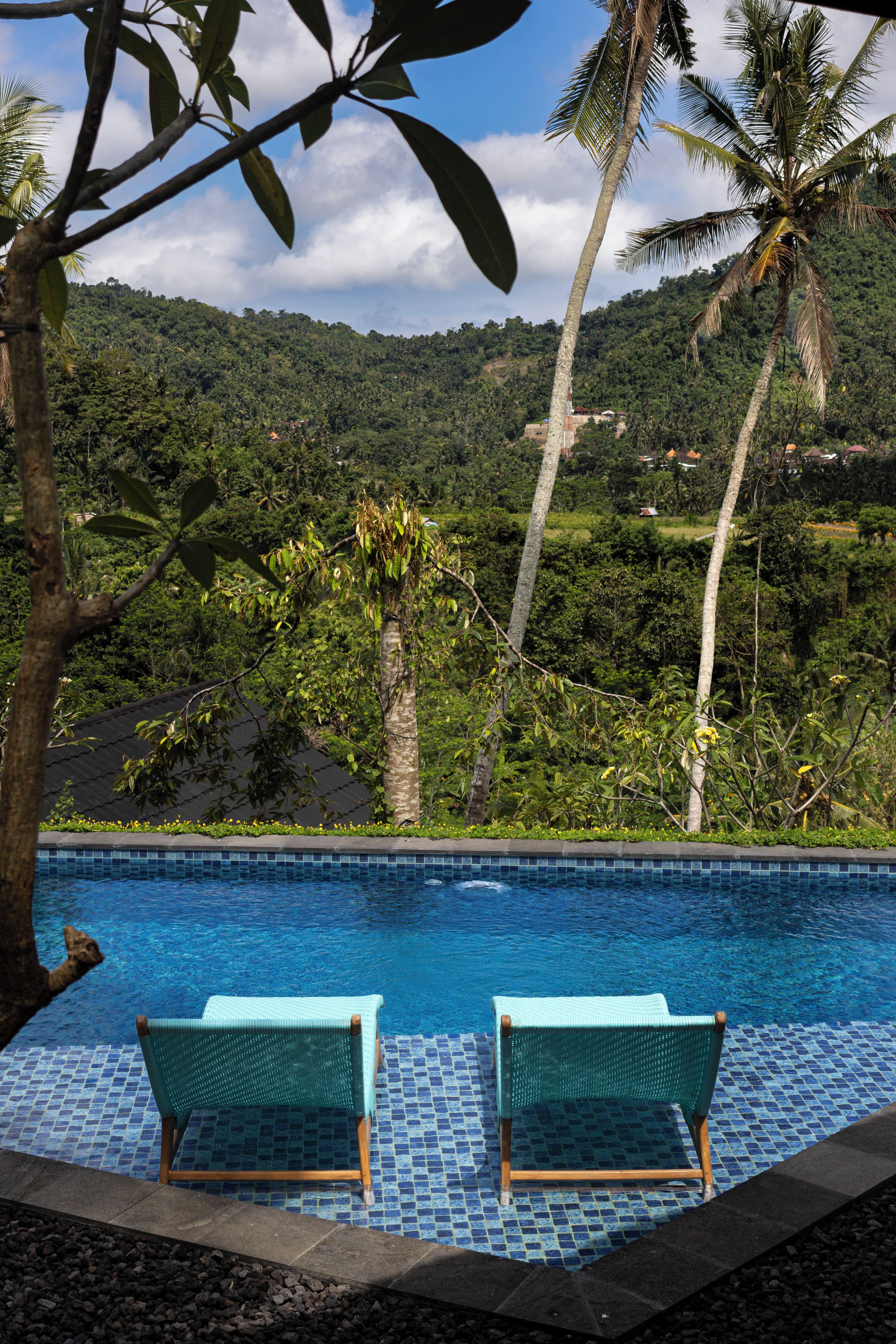 Una piscina con due lettini da relax, circondata da vegetazione tropicale e con vista su un pendio.