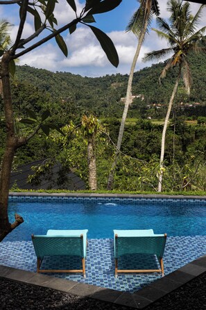 Une piscine bordée de deux chaises longues, entourée d’une végétation tropicale et offrant une vue sur une colline.