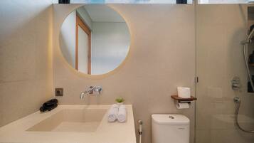 A bathroom with a sink, mirror, toilet, and shower.