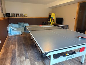 Ein Tischtennistisch mit Netz, eine Couch mit gemusterten Kissen und ein Fernseher in einem Raum mit Holzboden.