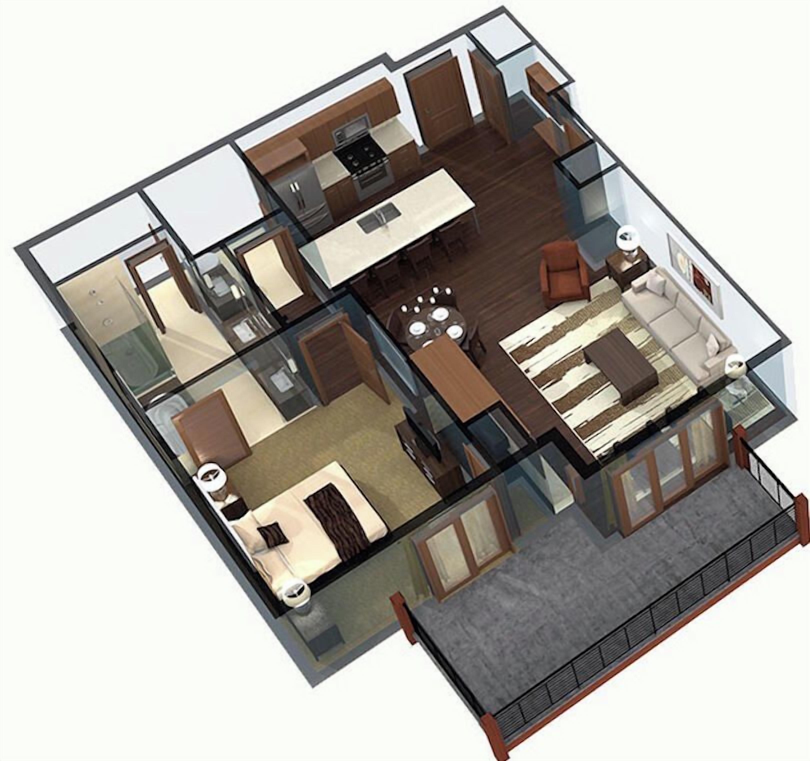 Un plan d’étage en 3D d’une chambre d’hôtel comprenant un espace de vie, une kitchenette et une chambre à coucher séparée.