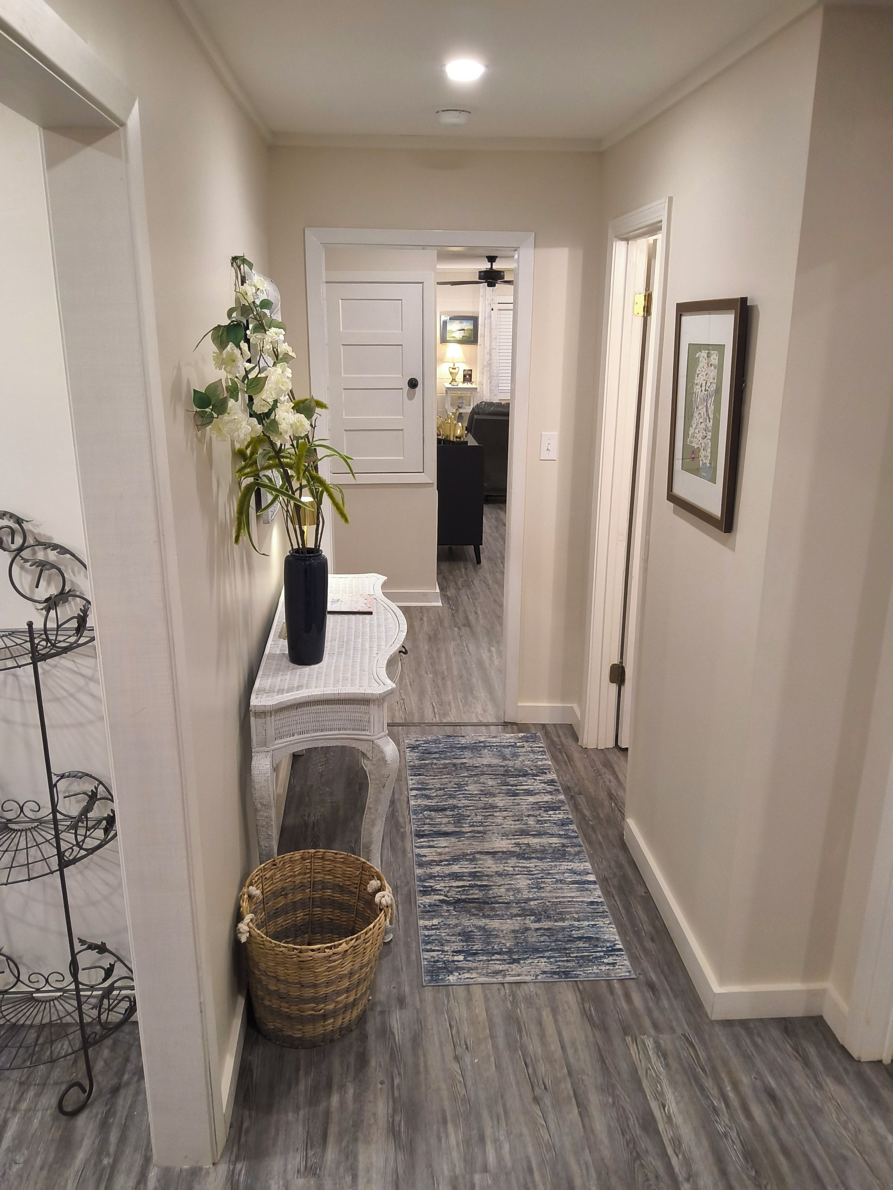 A hallway with a white door, a potted plant, a wicker basket, a blue rug, and a framed picture on the wall.