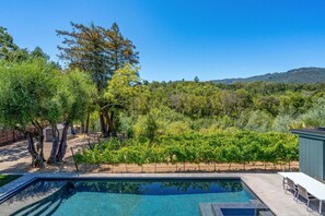 A pool with a clear view of a vineyard and trees in the background. - Gated Glen Ellen wine country 3 bed/2 bath house with Sonoma Mountain views (Glen Ellen)