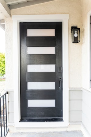 Eine schwarze Tür mit modernem Design, einem Schlüsselfeld und einer kleinen Außenleuchte.