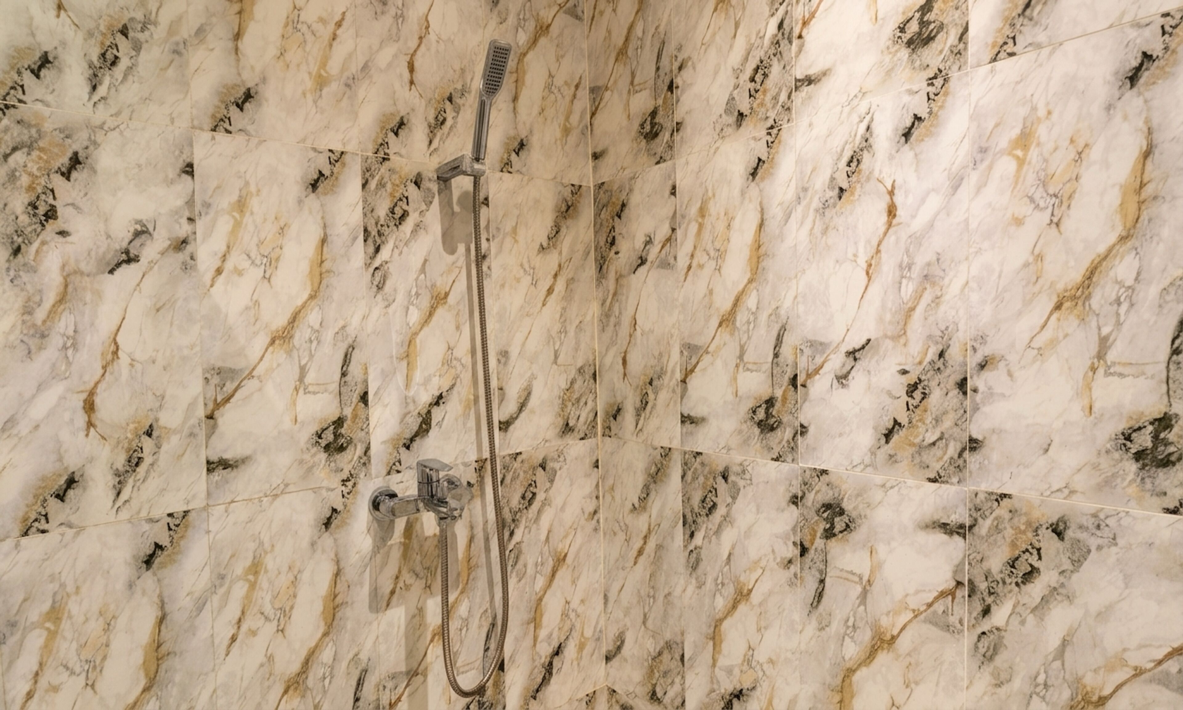 A bathroom with a shower area featuring a marble wall and a handheld showerhead.