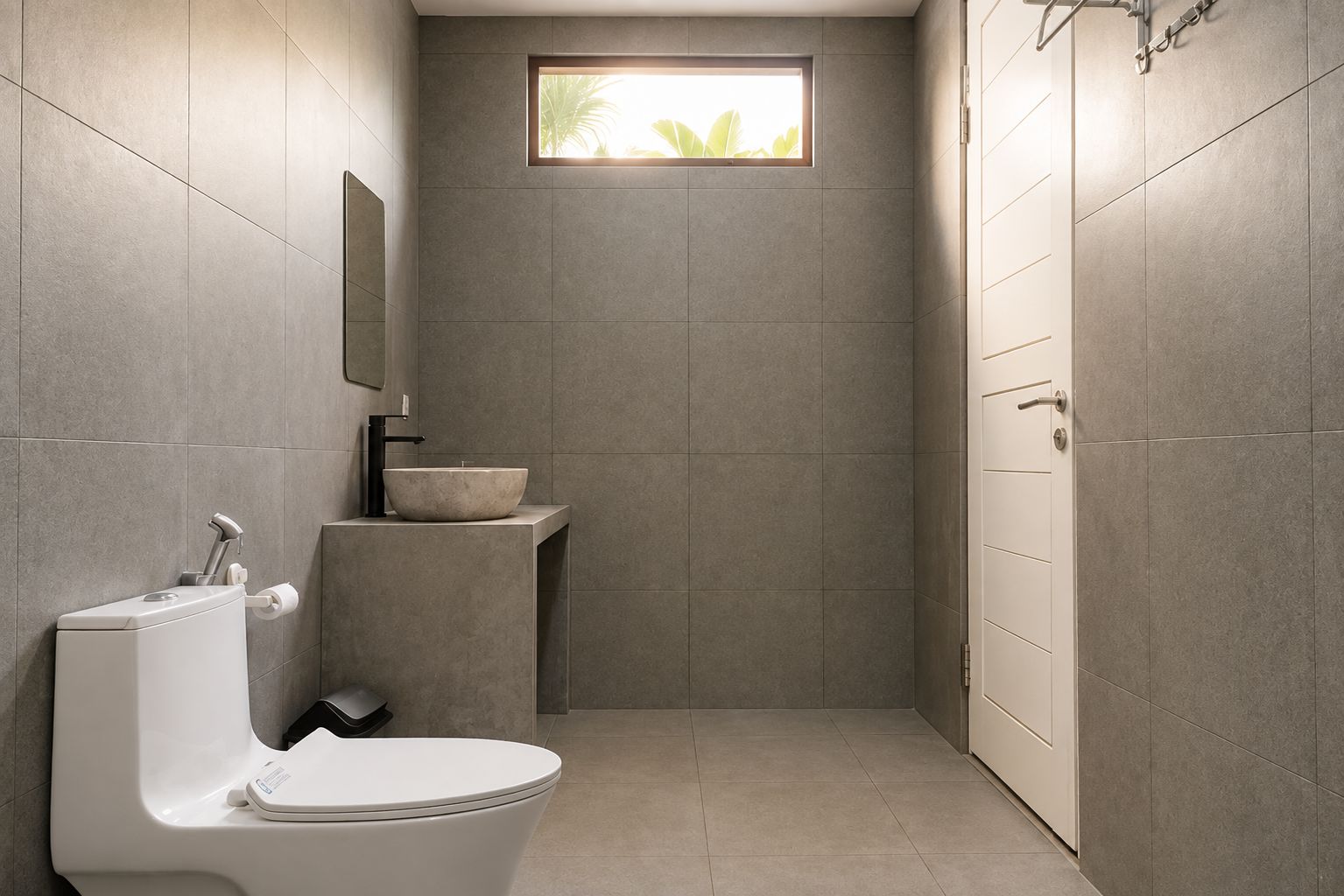 Un baño moderno con inodoro, lavamanos y ventana.