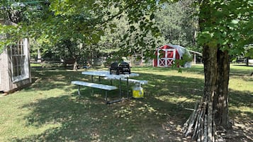 Een picknicktafel met een barbecue en propaanfles, omringd door gras en bomen.
