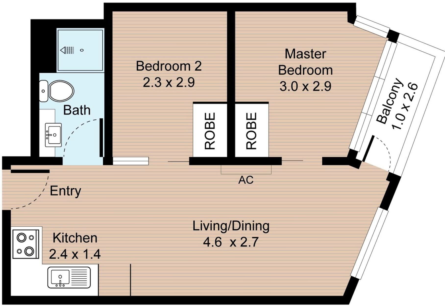 A floor plan with Bedroom 2, Master Bedroom, Balcony, Living/Dining, Kitchen, and a Bath.