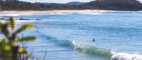 A beach with waves, a sandy shore, and a forested hill in the background.