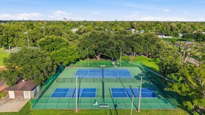 Ein Tennisplatz im Freien, umgeben von Bäumen und Wohnhäusern.