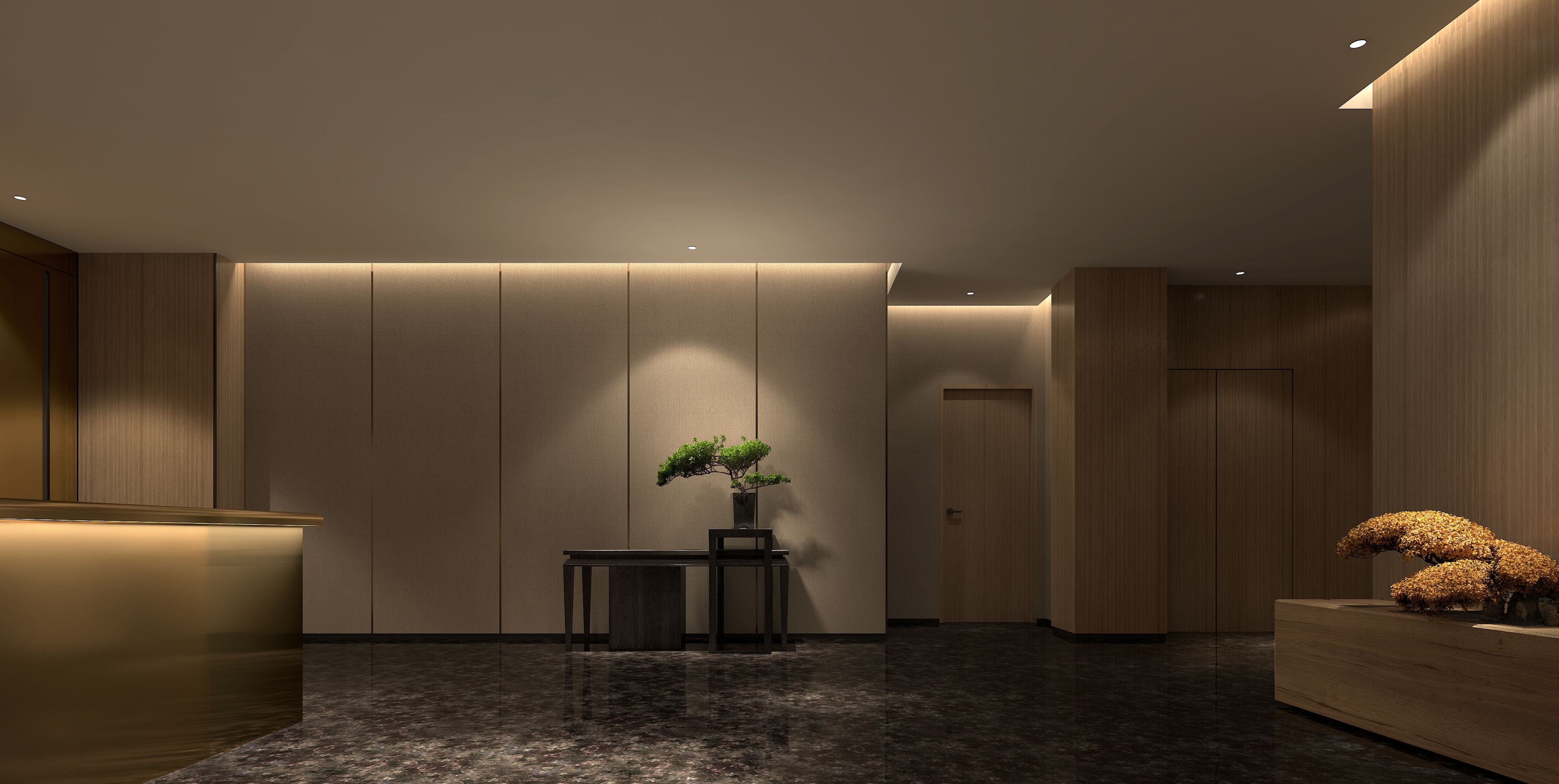 A modern interior with a reception desk, a potted plant, and a wooden reception area.
