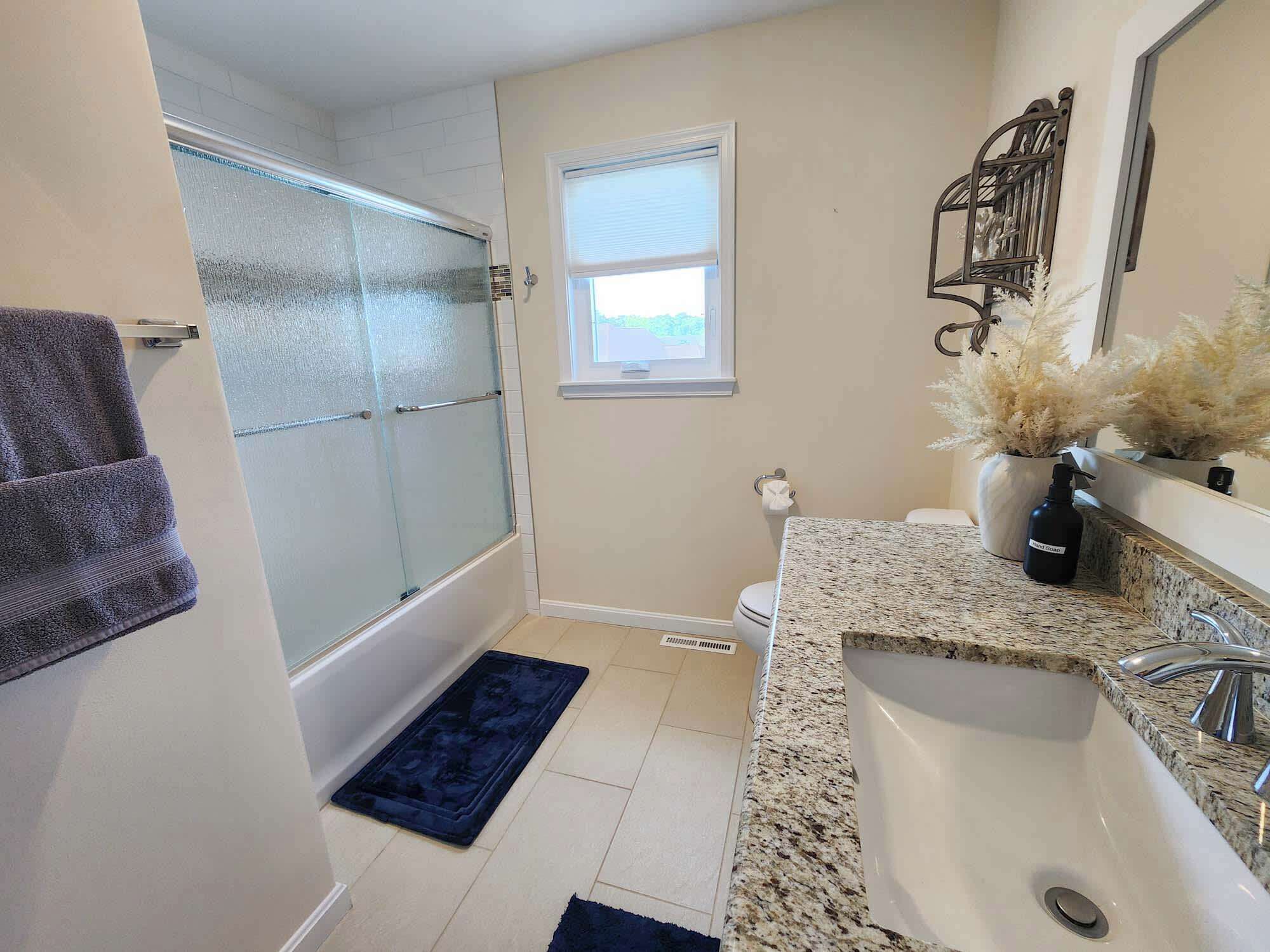 A bathroom with a shower, a toilet, a sink, and a window.