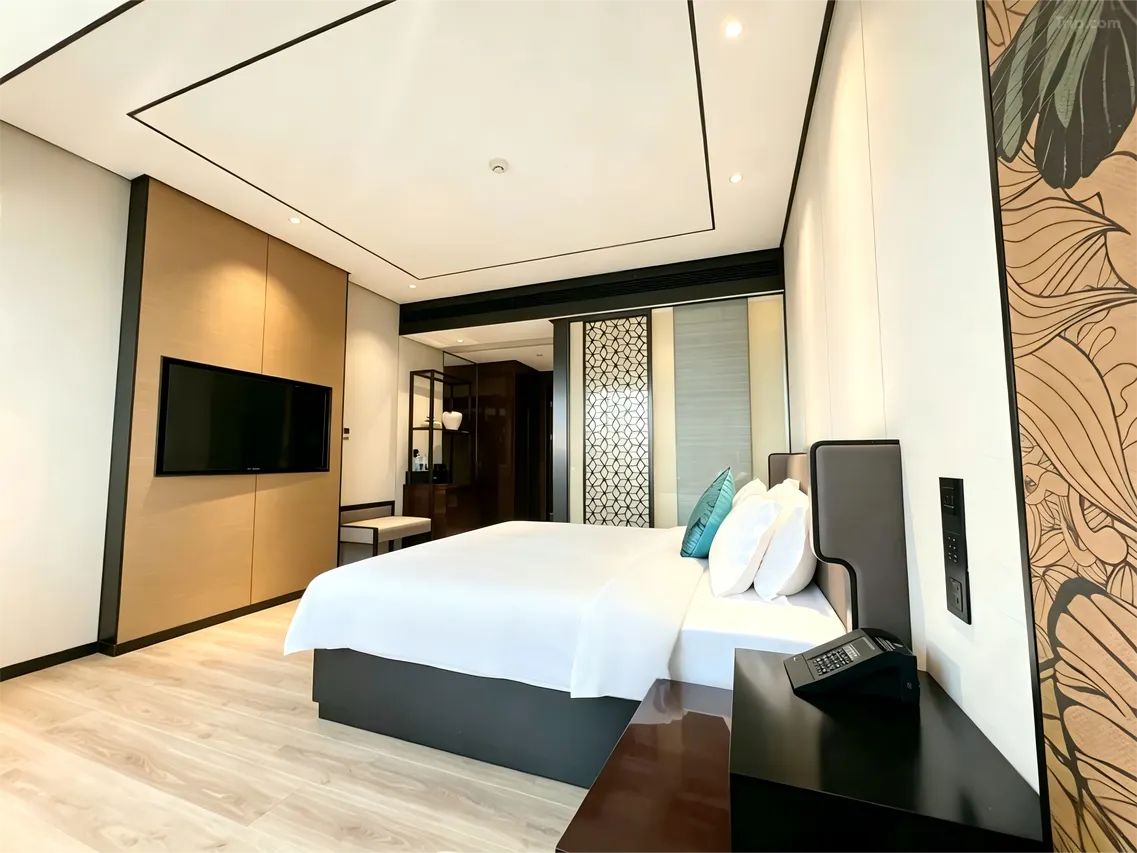 Habitación de hotel moderna con una cama grande, un televisor de pantalla plana, un escritorio con computadora y un panel decorativo en la pared.