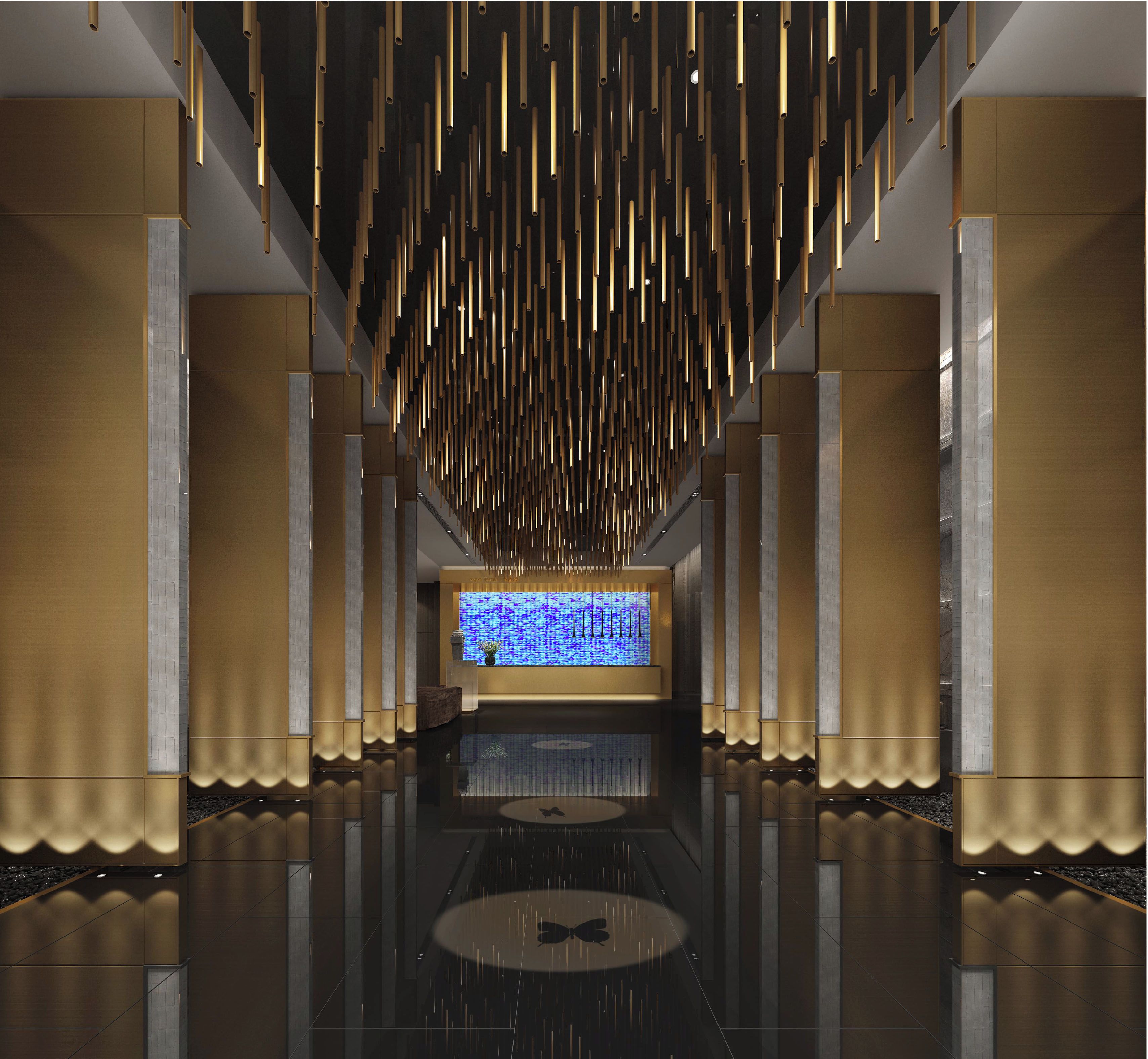 A modern lobby with a reflective floor, vertical light fixtures, and a central digital display.