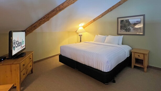A bedroom with a bed, a nightstand, a lamp, a TV, and a framed picture on the wall.
