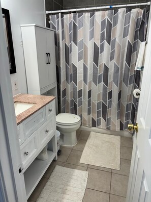 A bathroom with a toilet, a sink, a cabinet, a shower curtain, and a rug. - Private Bedroom with Shared Bathroom in a single house peaceful neighborhood (Fort Washington)