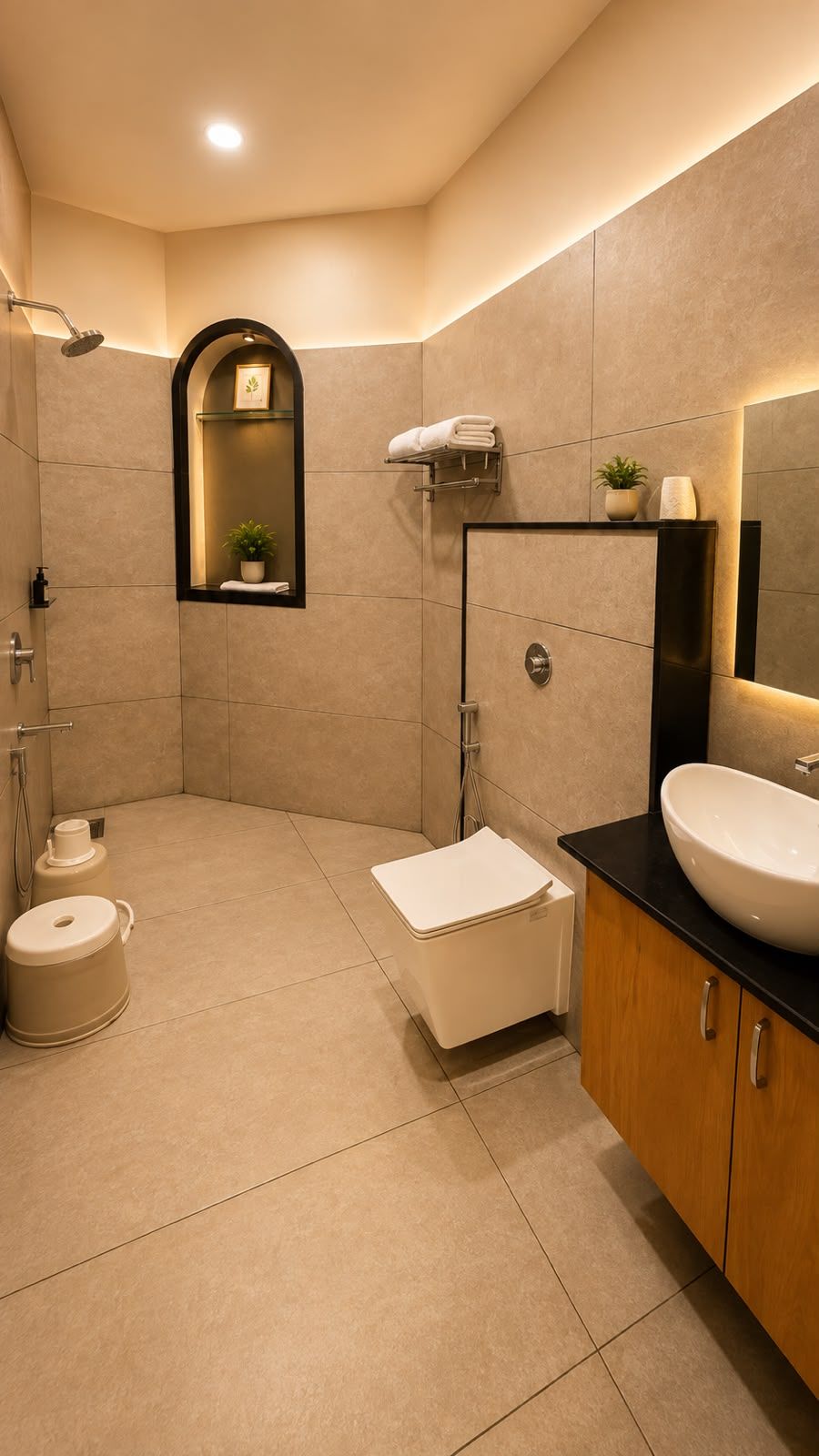 Une salle de bain moderne équipée de toilettes, d’un bidet et d’un lavabo.