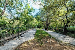 A pathway flanked by trees and a fence, leading to a grassy area. - The Oaks Tamarindo Luxury Condo (Villareal)