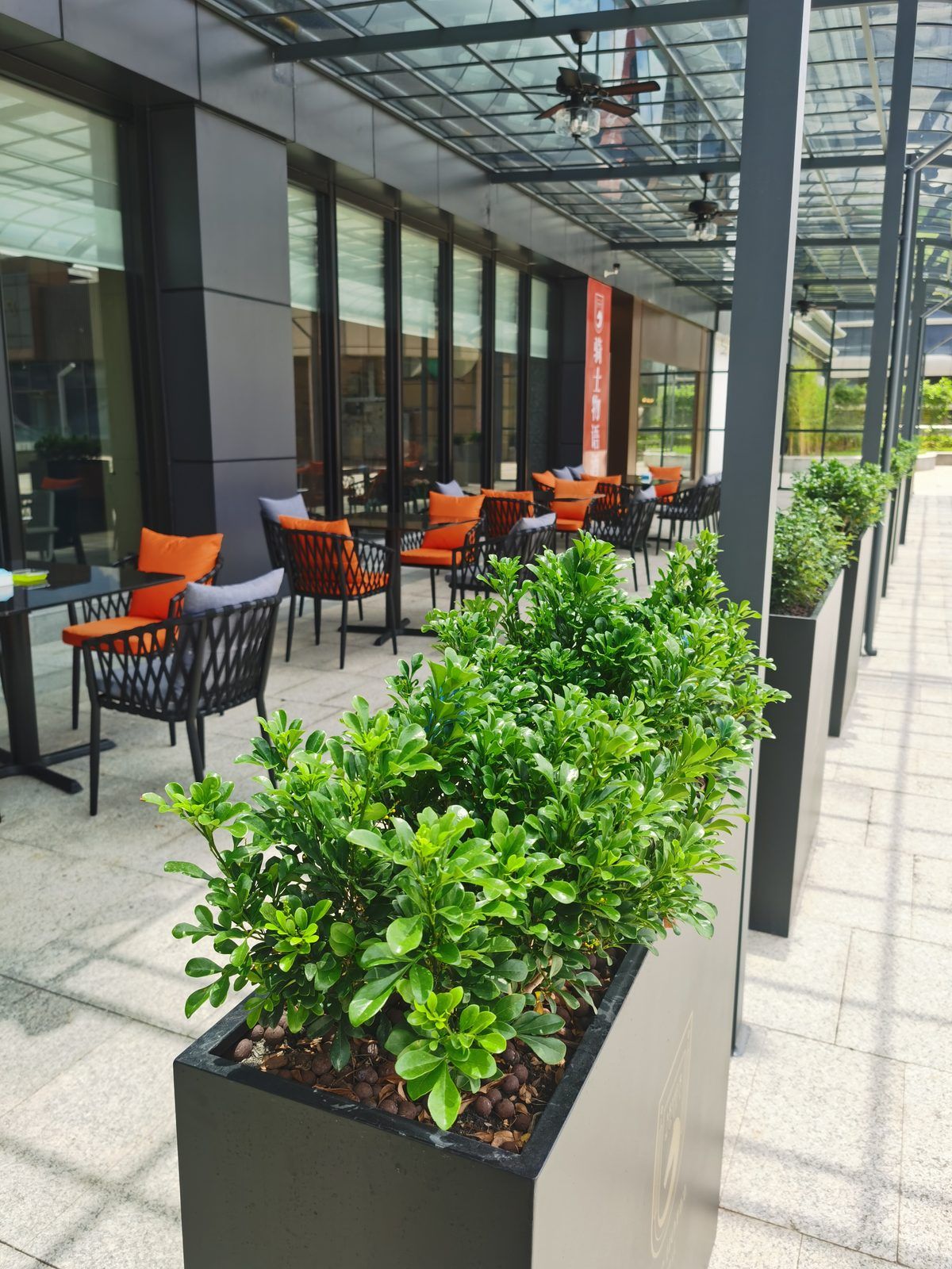 An outdoor seating area with chairs and tables, surrounded by planters with greenery.