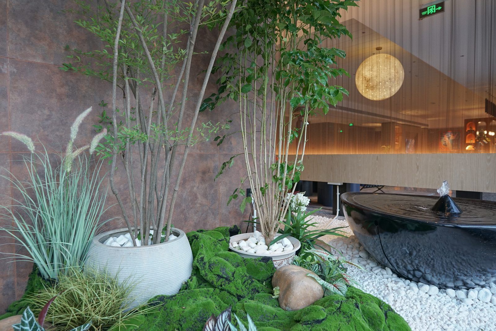 A modern indoor garden with various plants, a water feature, and a seating area.