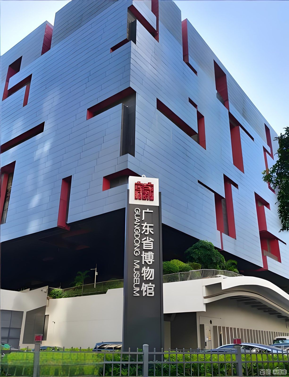 A modern building with a sign indicating it is the Guangdong Museum.